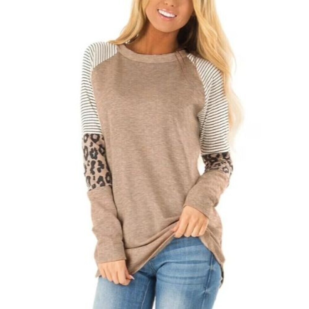 Womens Leopard Print Color Block Tunics Sz L Casual Long Sleeve Tops Animal Soft